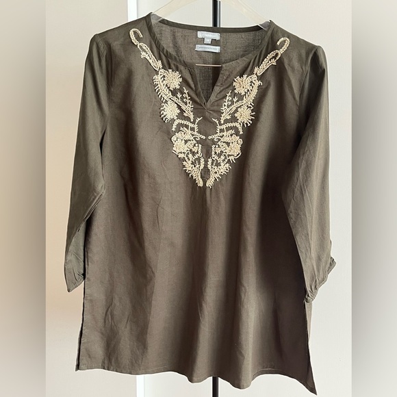 A FabIndia styled cotton tunic top in brown olive 🫒 w ivory hand embroidery M - Picture 7 of 8